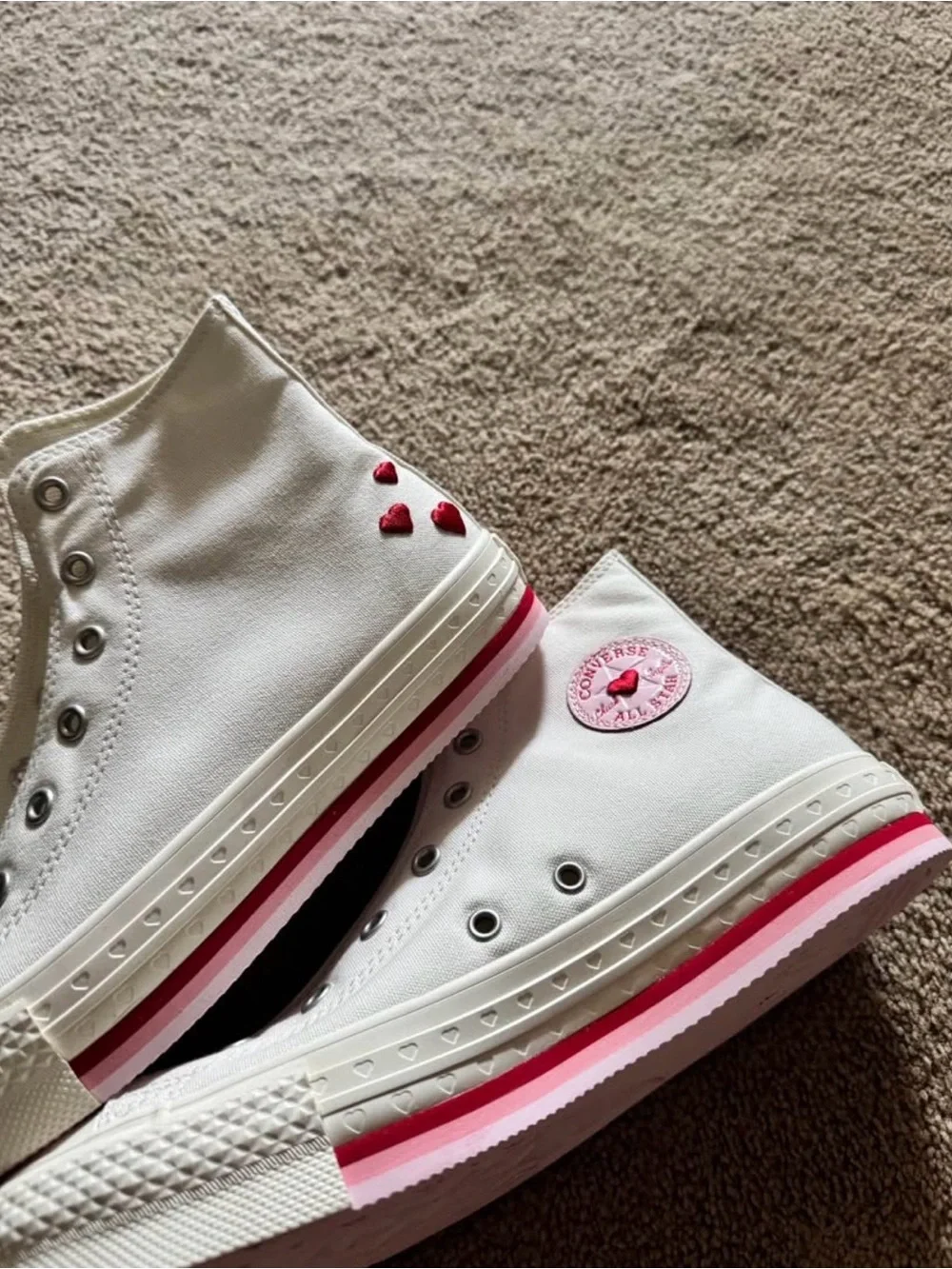 Converse White Canvas High Top Sneakers with Pink and Red Accents